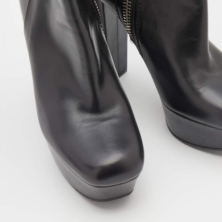 Pre Owned Gucci Black Leather Platform Ankle Length Boots Size 38