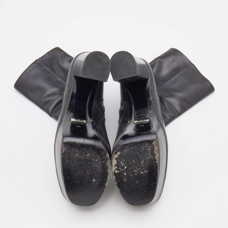 Pre Owned Gucci Black Leather Platform Ankle Length Boots Size 38
