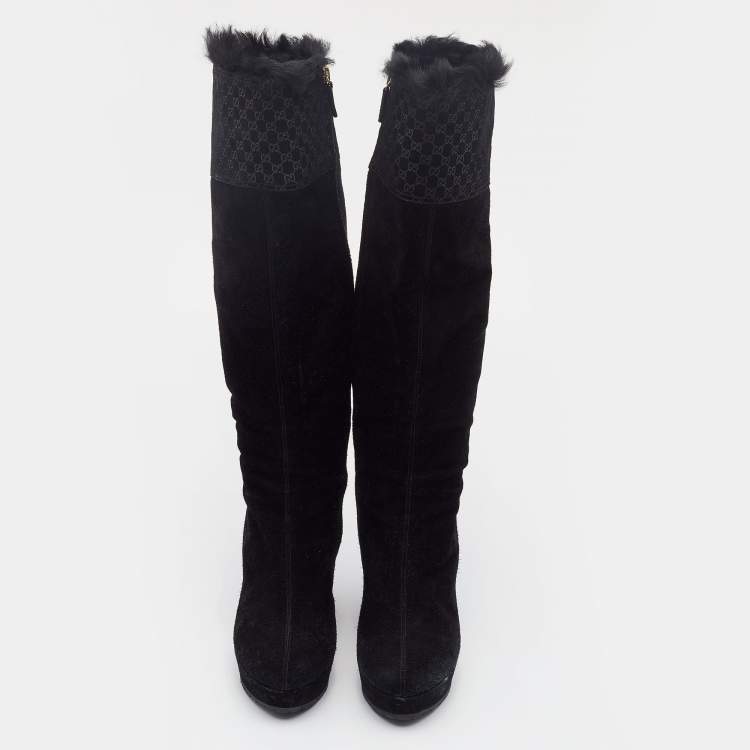 Pre Owned Gucci Black Microguccissima Suede Courtney Wedge Knee Length Boots Size 38