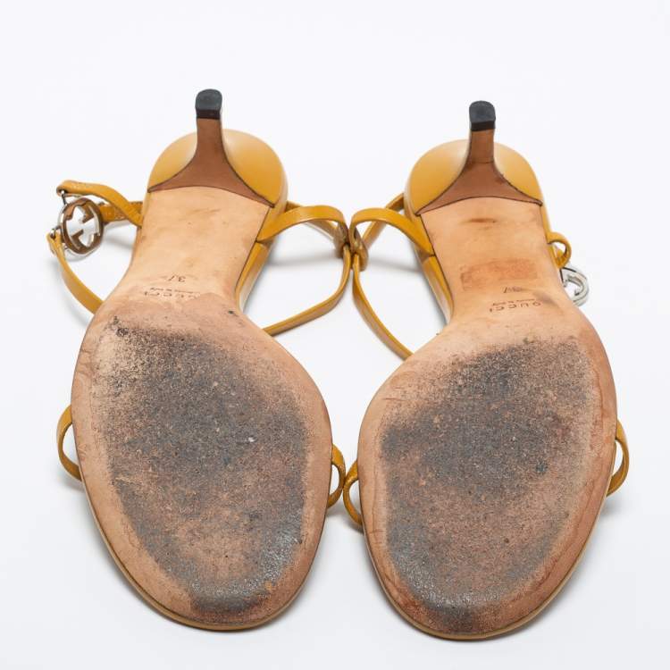 Pre Owned Gucci Tan Leather Interlocking GG Ankle Strap Sandals Size 37