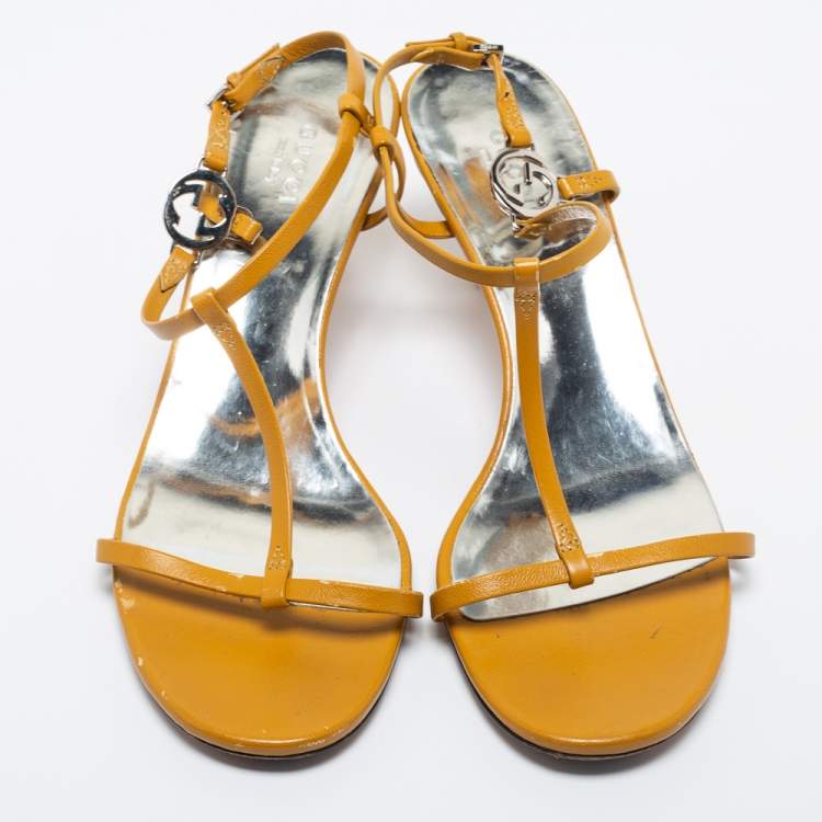 Pre Owned Gucci Tan Leather Interlocking GG Ankle Strap Sandals Size 37
