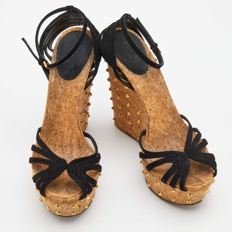 Pre Owned Gucci Black Suede Studded Cork Wedge Platform Ankle Strap Sandals Size 38