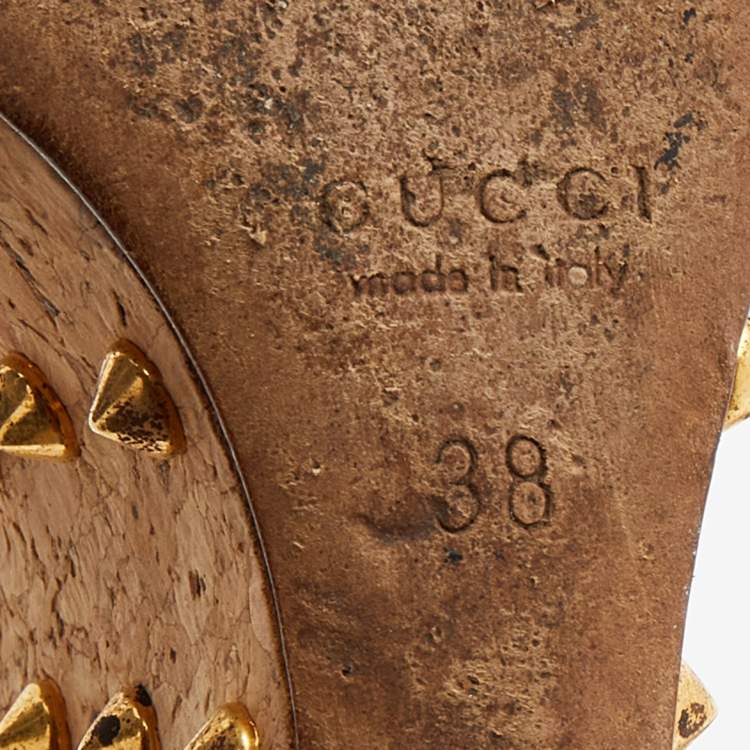 Pre Owned Gucci Black Suede Studded Cork Wedge Platform Ankle Strap Sandals Size 38