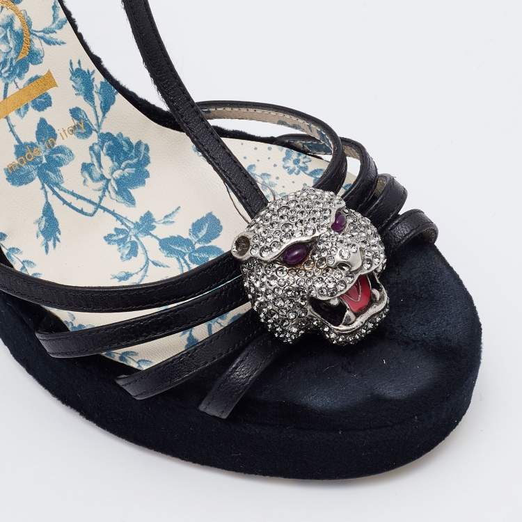 Pre Owned Gucci Black Leather Elias Tiger Embellished T Strap Sandals Size 36.5