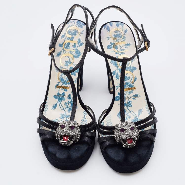 Pre Owned Gucci Black Leather Elias Tiger Embellished T Strap Sandals Size 36.5