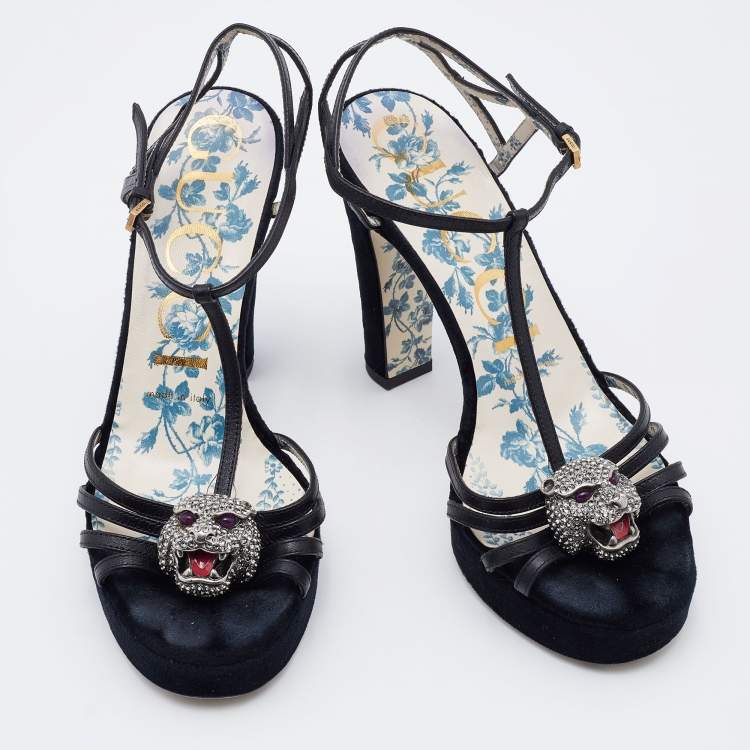 Pre Owned Gucci Black Leather Elias Tiger Embellished T Strap Sandals Size 36.5