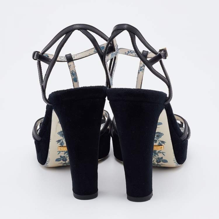 Pre Owned Gucci Black Leather Elias Tiger Embellished T Strap Sandals Size 36.5