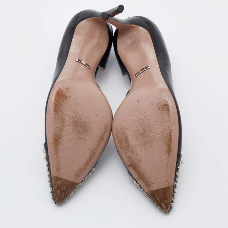 Pre Owned Gucci Black Leather Studded Cap Toe D'orsay Pumps Size 39