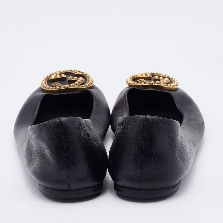 Pre Owned Gucci Black Leather Interlocking G Embellished Logo Ballet Flats Size 36.5