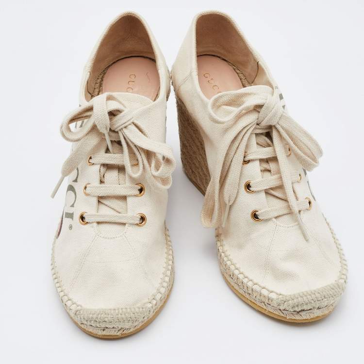 Pre Owned Gucci Off White Canvas Logo Wedge Espadrille Sneakers Size 40