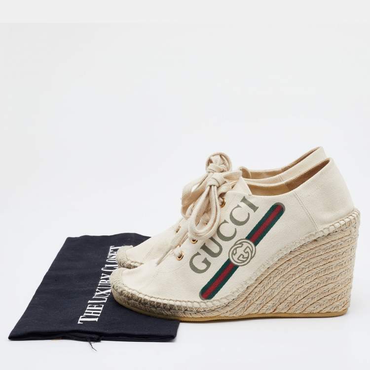 Pre Owned Gucci Off White Canvas Logo Wedge Espadrille Sneakers Size 40