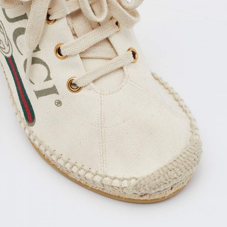 Pre Owned Gucci Off White Canvas Logo Wedge Espadrille Sneakers Size 40