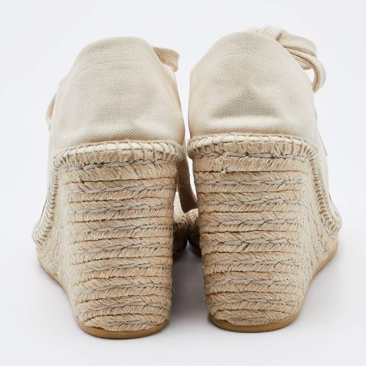 Pre Owned Gucci Off White Canvas Logo Wedge Espadrille Sneakers Size 40