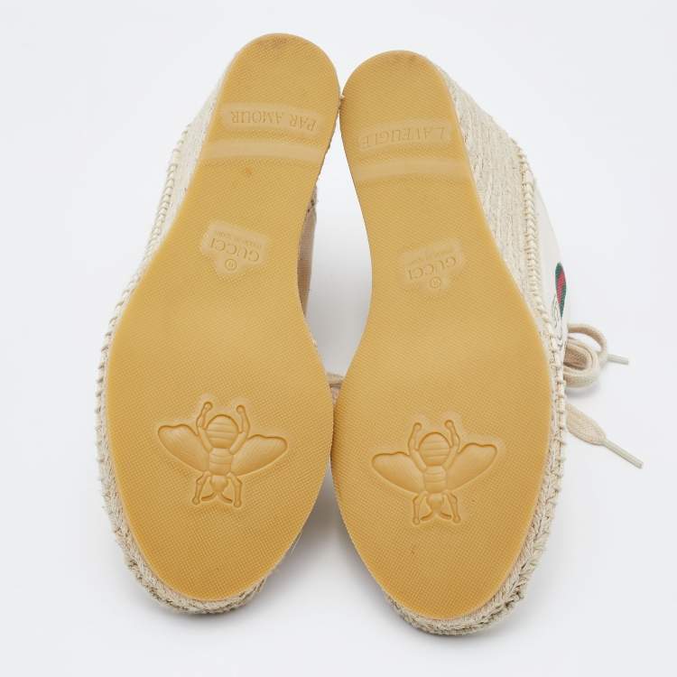 Pre Owned Gucci Off White Canvas Logo Wedge Espadrille Sneakers Size 40