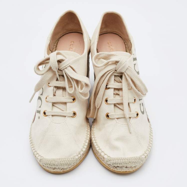 Pre Owned Gucci Off White Canvas Logo Wedge Espadrille Sneakers Size 40