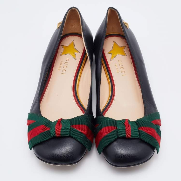 Pre Owned Gucci Black Leather Web Bow Ballet Flats Size 37.5