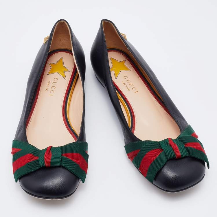 Pre Owned Gucci Black Leather Web Bow Ballet Flats Size 37.5