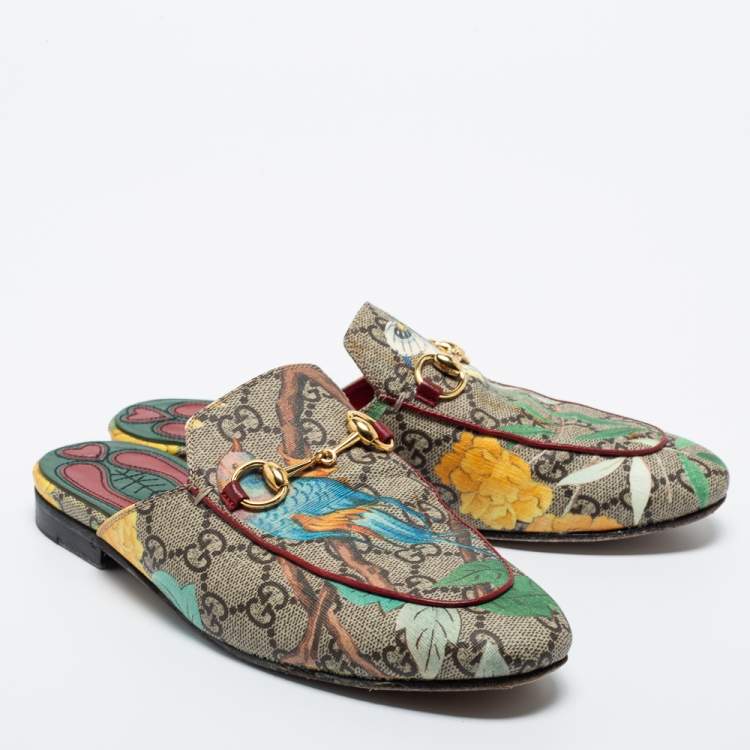 Pre Owned Gucci Multicolor Tian Print GG Supreme Canvas Princetown Flat Mules Size 35