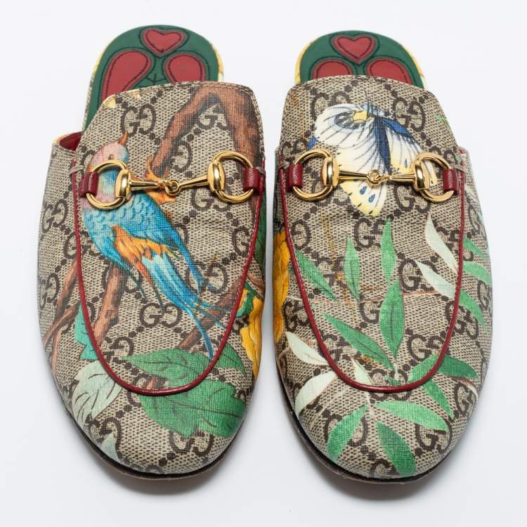 Pre Owned Gucci Multicolor Tian Print GG Supreme Canvas Princetown Flat Mules Size 35