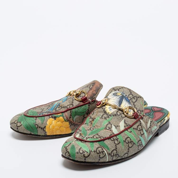 Pre Owned Gucci Multicolor Tian Print GG Supreme Canvas Princetown Flat Mules Size 35