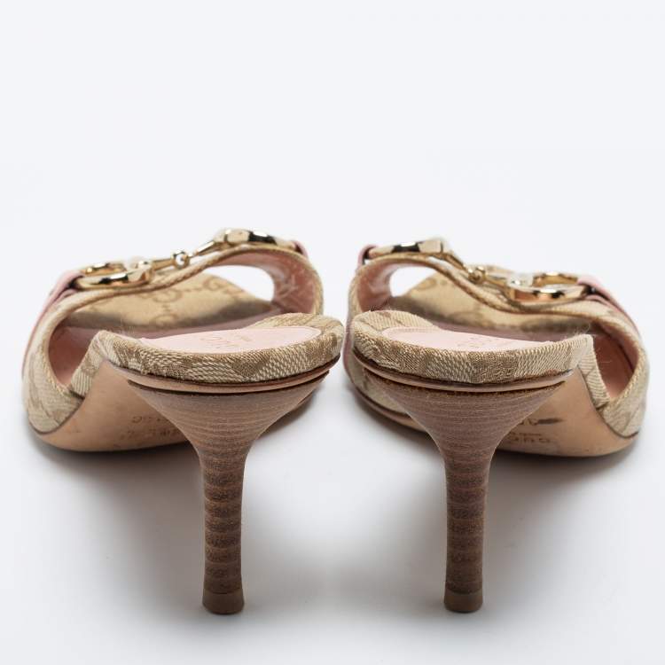 Pre Owned Gucci Beige/Brown GG Canvas Horsebit Slide Sandals Size 35.5