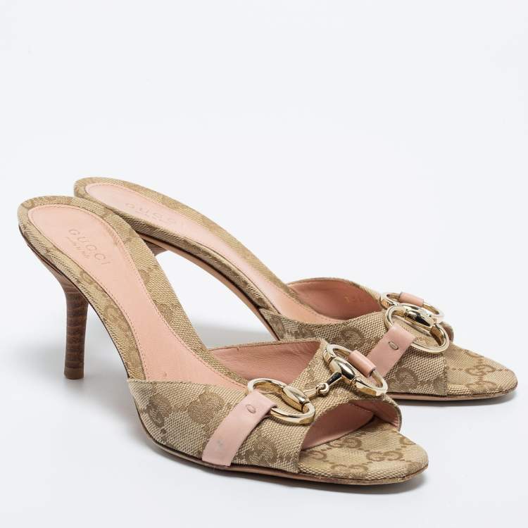 Pre Owned Gucci Beige/Brown GG Canvas Horsebit Slide Sandals Size 35.5