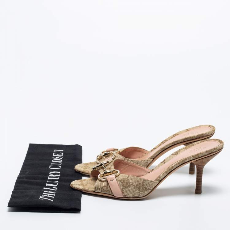 Pre Owned Gucci Beige/Brown GG Canvas Horsebit Slide Sandals Size 35.5