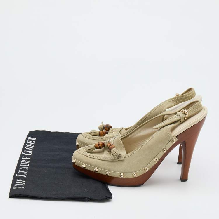Pre Owned Gucci Grey Suede Tassel Loafer Clog Slingback Pumps Size 39