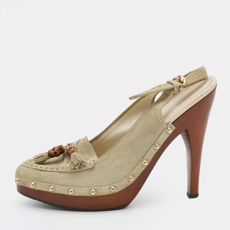 Pre Owned Gucci Grey Suede Tassel Loafer Clog Slingback Pumps Size 39