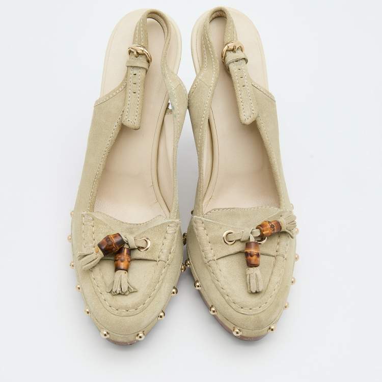 Pre Owned Gucci Grey Suede Tassel Loafer Clog Slingback Pumps Size 39