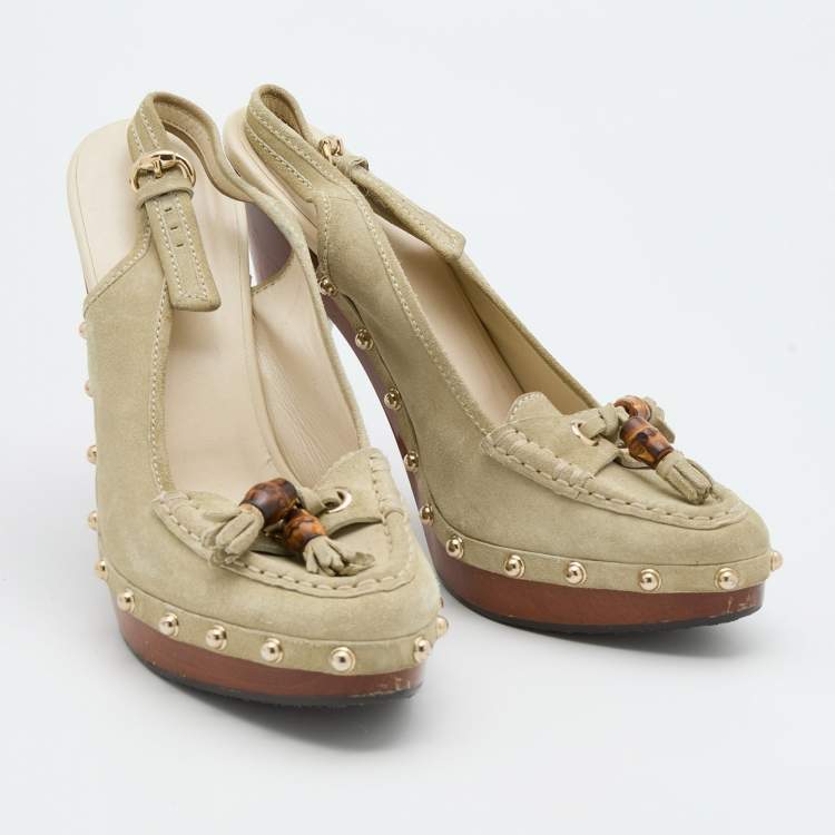 Pre Owned Gucci Grey Suede Tassel Loafer Clog Slingback Pumps Size 39