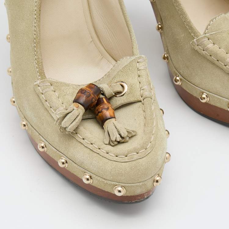 Pre Owned Gucci Grey Suede Tassel Loafer Clog Slingback Pumps Size 39
