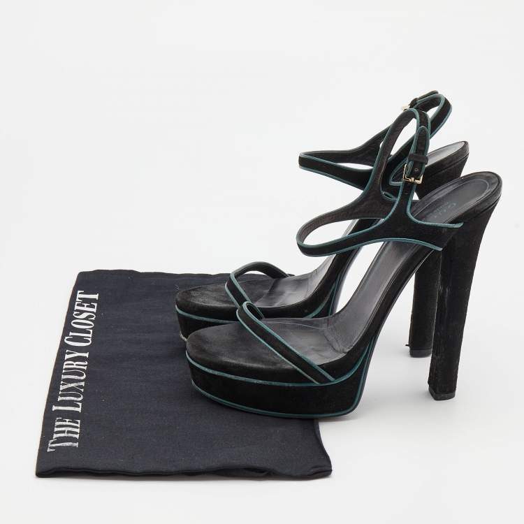 Pre Owned Gucci Black Suede Platform Ankle Strap Sandals Size 37