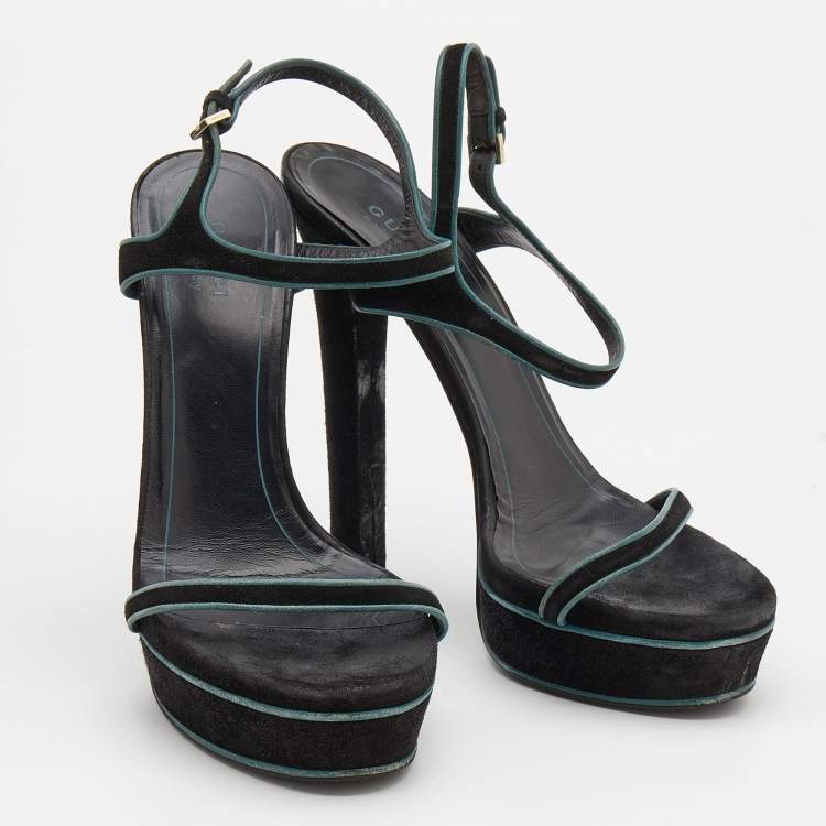 Pre Owned Gucci Black Suede Platform Ankle Strap Sandals Size 37