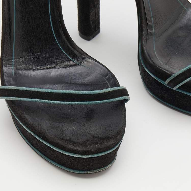 Pre Owned Gucci Black Suede Platform Ankle Strap Sandals Size 37