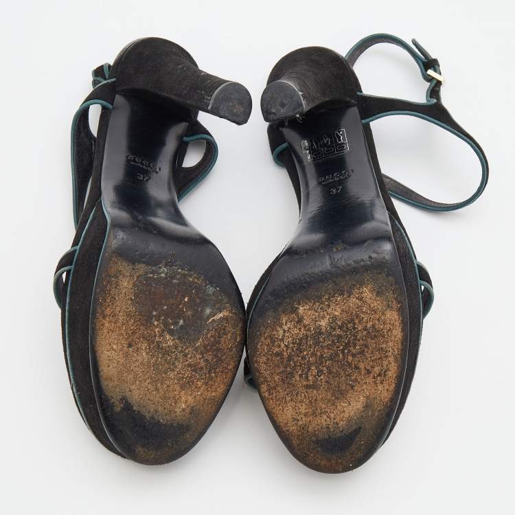 Pre Owned Gucci Black Suede Platform Ankle Strap Sandals Size 37