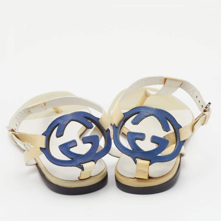 Pre Owned Gucci Beige Patent Leather Interlocking G Thong Flat Sandals Size 35