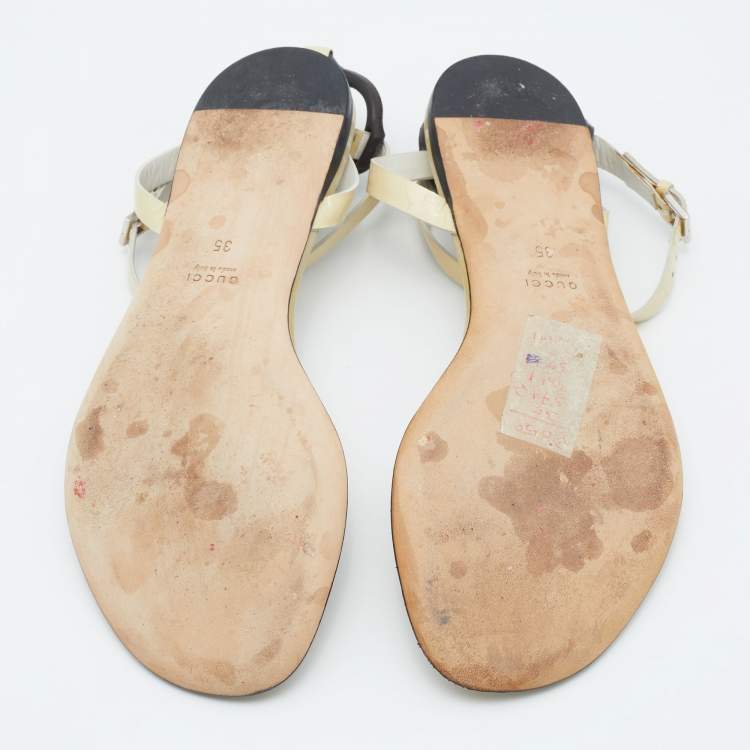 Pre Owned Gucci Beige Patent Leather Interlocking G Thong Flat Sandals Size 35
