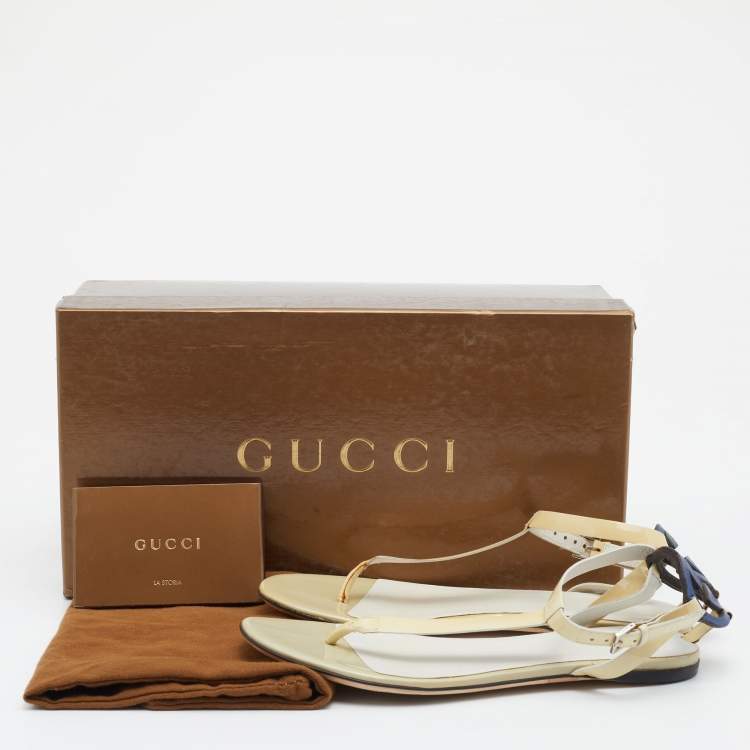 Pre Owned Gucci Beige Patent Leather Interlocking G Thong Flat Sandals Size 35