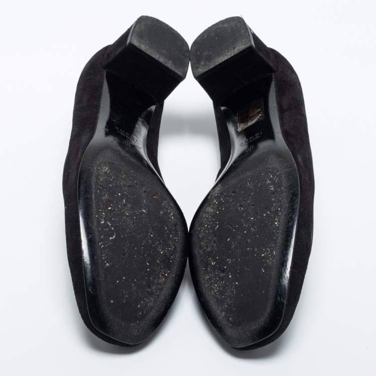 مملوكة مسبقًا Gucci Black Suede And Leather Horsebit Block Heel Pumps Size 38