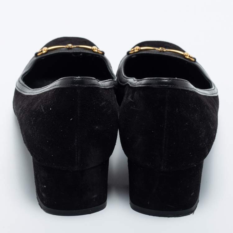 مملوكة مسبقًا Gucci Black Suede And Leather Horsebit Block Heel Pumps Size 38