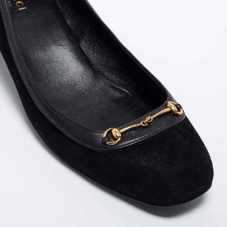 مملوكة مسبقًا Gucci Black Suede And Leather Horsebit Block Heel Pumps Size 38