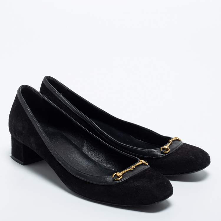 مملوكة مسبقًا Gucci Black Suede And Leather Horsebit Block Heel Pumps Size 38