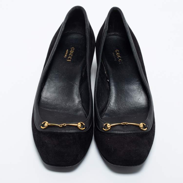 مملوكة مسبقًا Gucci Black Suede And Leather Horsebit Block Heel Pumps Size 38