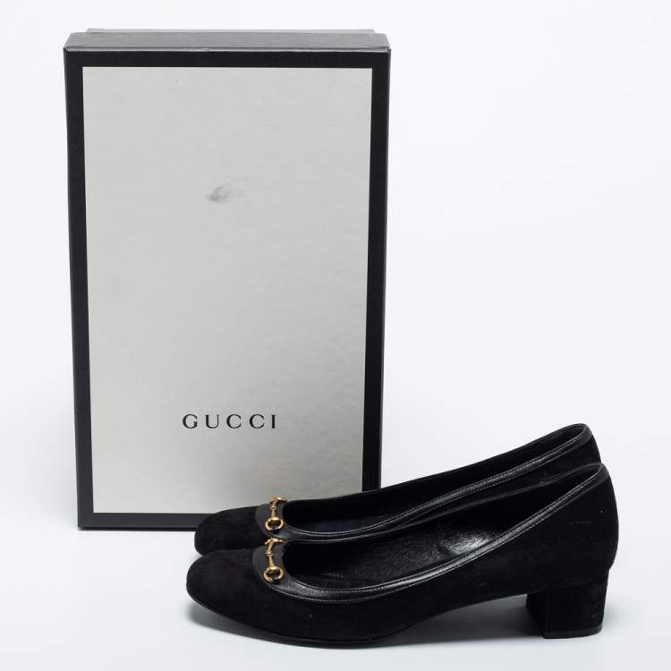 مملوكة مسبقًا Gucci Black Suede And Leather Horsebit Block Heel Pumps Size 38