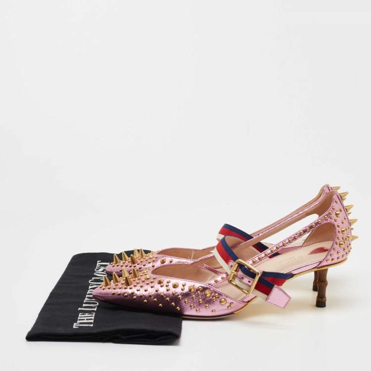 Pre Owned Gucci Metallic Pink Studded Leather Unia Mary Jane Pumps Size 38