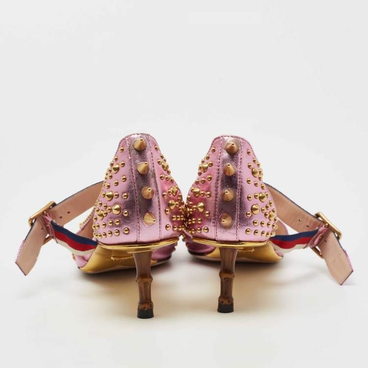 Pre Owned Gucci Metallic Pink Studded Leather Unia Mary Jane Pumps Size 38