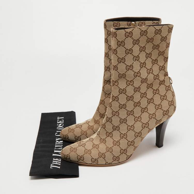 مملوكة مسبقًا Gucci Brown/Beige GG Canvas Mid Calf Boots Size 40.5