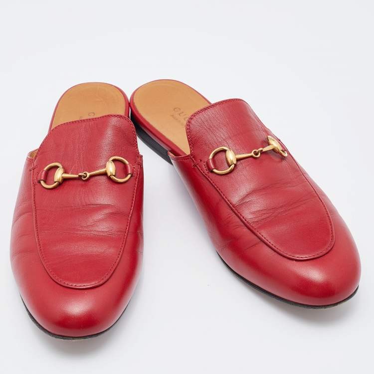 Pre Owned Gucci Red Leather Princetown Horsebit Flat Mules Size 39.5