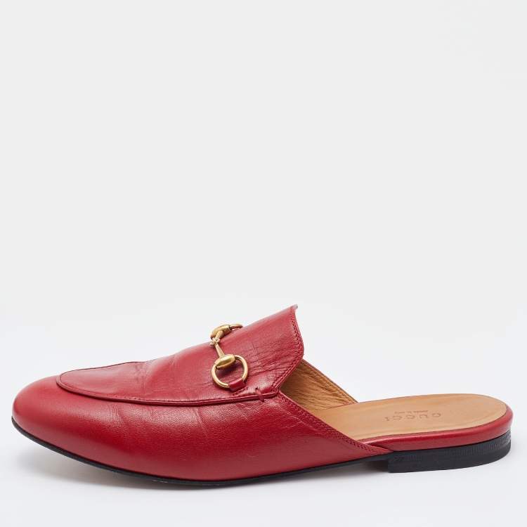 Pre Owned Gucci Red Leather Princetown Horsebit Flat Mules Size 39.5